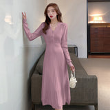 Ladies Elegant V-Neck Single-Breasted Women Thicken Sweater Dress 2021 Autumn Winter Female Knitted A-Line Vestdios