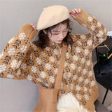 Autumn Women Coat Single-breasted Long Sleeve Knit Casual Loose Floral Cardigans Sweaters