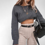 Ribbed Crop Pull Long Sleeve Jumper Round Neck Chic Knitted Casual Sweater Pullover