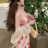 French Vintage Strap Dress Women Sweet Elegant Sleeveless Sexy Floral Casual V-neck Beach Party Dress