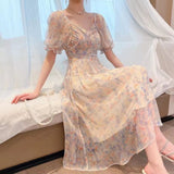 Korean Elegant Floral Boho Dress Women Summer Casual Sexy V-Neck Party Midi Dress High Waist Chiffon Casual Princess Fairy Dress