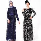 Muslim Women Robe Sequin Leaf Embroidered National Arab women Formal Dress Navy Black Long-Sleeve Gowns Tulle O-neck Vestioes