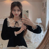 Gothic Lolita Dress Women Elegant Bow Lace Patchwork Sweet Mini Dress Female High Street Hepburn Korean Japan Kawaii Dress Women