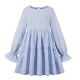 1950s Light Blue Plaid Loose Long Sleeve Backless Simple Design Casual Dress Streetwear
