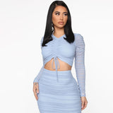 2pcs/Set Mesh Midi Skirt Ruched Outfit Pink Blue Drawstring Long Sleeve Crop Tops