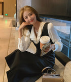 2021 Autumn Women New French Retro Suspender Shirt Dress 2 Piece Set Casual High Waist Slim Midi Dress