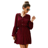 Ladies Vintage Long Sleeve Shirt Boho Beach Casual Plaid Print A-line Midi Dress