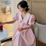 Korean Pink Kawaii Dress Women Fit Chic Designer Sweet Long Elegant Dress Summer 2021 Casual Puff Sleeve Party Pleated Dress