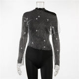 Glitter Diamonds Fishnet T-shirt Women Long Sleeve O Neck Sexy Hollow Out See Through Club T Shirt Tops Tees