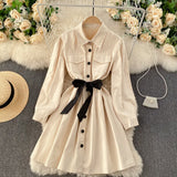 Turn Down Collar Pocket Button Shirt Dress With Belt Long Sleeve Casual Mini Dress