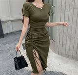 Fashion T Shirt Dress Women Summer Beach Sexy Party Bodycon Elegant Casual  High Slit Drawstring Sundress