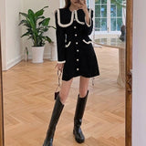 2021 Winter Black Y2k Mini Dress Evening Party Long Sleeve Elegant Kawaii Dress Button Vintage One Piece Dress Korean Fahsion