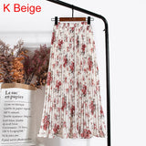 High Waist Floral Print Mid Calf Long Pleated Women Summer Vintage Elegant Chiffon Midi Skirt