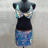 2 Piece Set Shiny Sequins Geometric Matching Sets Low Cut Halter Backless Tops Patchwork Mini Skirt Rave