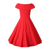 Red Elegant Party Ladies Vintage Tie Neck High Waist 50s Pin Up Solid Swing Dress