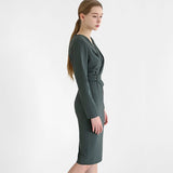 Autumn Women Elegant Fashion Office Lady Long Sleeve Dress Waistband Knee-Length Bodycon Dress