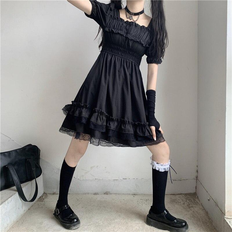 Japanese Harajuku Dark Style Summer New Dresses Vintage Square Collar Lace Puff Sleeve Dress Sweety Ruffles Hepburn Black Dress