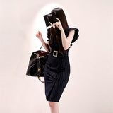 Women Summer Office Lady Belted Striped Dress Ruffle Sleeve Notched Collar Slim Sexy Korean Fashion Style Vestidos Dress