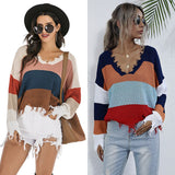 Patchwork Vintage Casual O Neck Ripped Sweater Contrast Jumper Street Wear Outfits