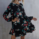 Ruffles Print Women O-neck Full Sleeve High Waist Casual Black Floral Dress