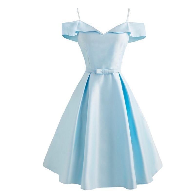 Spaghetti Strap Vintage Dress Light Blue Bow Front Solid Women Short Sleeve Elegant Ladies Formal Party Sling Vestidos