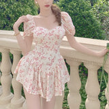 Kawaii Sexy Floral Dresses for Women Summer 2021 Evening Elegant Beach Party Mini Dress Korean Fashion Print Sweet Cute Sundress