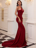 Sleeveless One Shoulder Red Party Prom Gown Trailing Formal Women Evening Dress