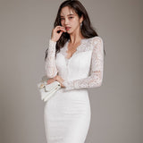 Women Vintage V-Neck Lace Patchwork Sheath Dress Full Sleeve Slim Fit Female Knee-Length Dress 2021 Spring Party Vestido