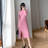 Women Elegant Sweater Dress Female Fashion Casual Loose Turtleneck Solid Pullover Femme Autumn Winter Knitted Split Dress