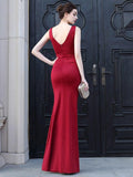 Red Soft Satin V Neck Slit Prom Dress Women Sexy Party Maxi Dress