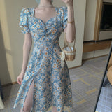 Summer Floral Dress Women French Style Puff Sleeve Chiffon Split Dress Oversize Korean Print Dress