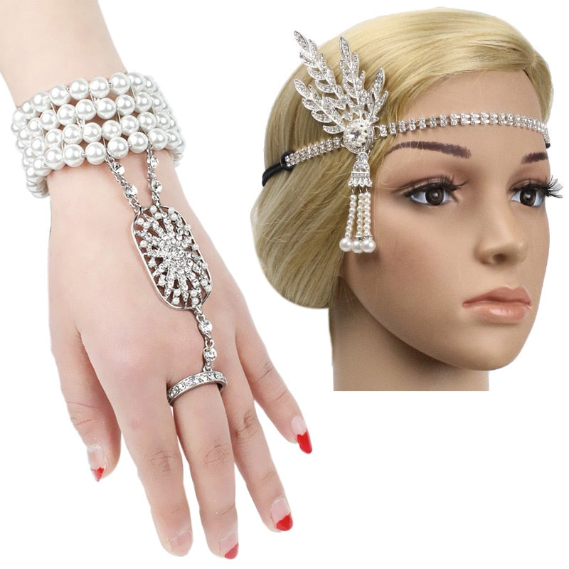 1920s Flapper Pearl Headband Bracelet Ring Inspired Leaf Simulated Jewelry Set