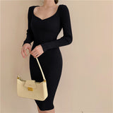 Women Long Sleeve Autumn Knee-Length Dress Sexy Basic Ribbed Knitting Sweater Dress Square Collar Winter Bodycon Dresses