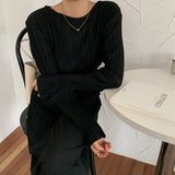 Spring Women Elegant Midi Slim Solid Black Pleated Dress Office Lady Fashion Bodycon Long Sleeve Dress