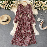 2021 French Spring Summer Women's Floral Chiffon Dress Femme Robe Long Sleeve Fashion Sexy V-Neck Vintage Vestidos Clothing