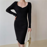 Women Long Sleeve Autumn Knee-Length Dress Sexy Basic Ribbed Knitting Sweater Dress Square Collar Winter Bodycon Dresses