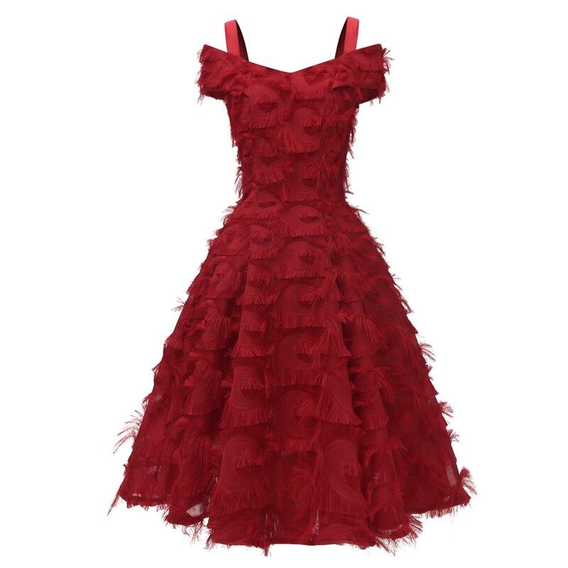 Burgundy Cold Shoulder Glamorous Fringe Midi Women Party Night Spaghetti Strap Elegant Flare Vintage Dress