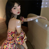 Summer Women Sweet Floral Print Bubble Sleeves Elegant Square Collar Dress Fashion Mini High Waist Clothes