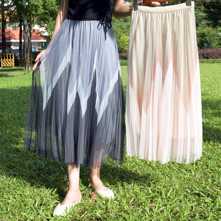 Women Summer A-Line Mesh Pleated Contrast Color Stretch High Waist Long Boho Skirt