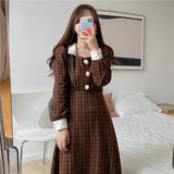 Women 2021 Autumn French Elegant Square Neck Lace Chic Single-Breasted Puff Sleeve A-Line Plaid Vestidos