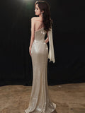 One Shoulder Sleeveless Shinning Evening Dress Mermaid Sequins Champagne Party Dress Elegant Floor Length Full Gowns