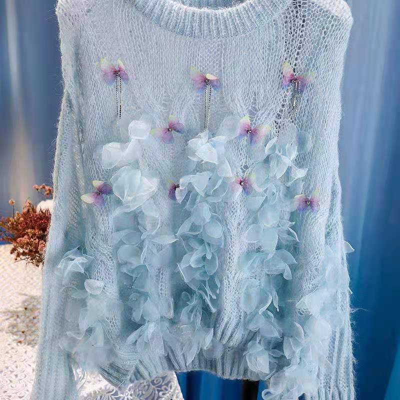 Women Long Sleeve O-Neck Thin Beading Sweet Floral Sweater Pullovers Streetwear