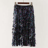 Women Tassel Sequins Patchwork Ladies Streetwear Casual High Waist Holographic Fringed Long Skirt