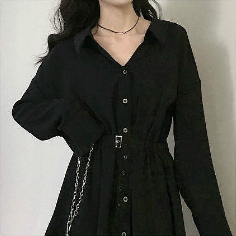 Black Gothic Mini Dress Women Turn-down Collar Button Long Sleeve Elegant Solid Color Streetwear Clothing Hepburn Vestidos Chic