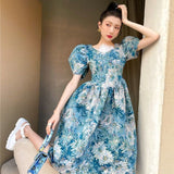 French Vintage Print Party Blue Dresses Women Korean Style Designer Sweet Cute Dress A-line Puff Sleeve Retro Dress Sunmmer