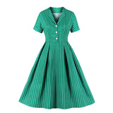 1950s Green Striped Short Sleeve Midi Swing Pockets Elegant Robe PIn Up Retro Vintage Dress