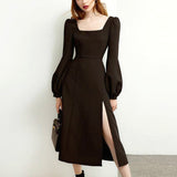 Black Retro Split Dress Women Elegant Midi Designer Dress Female Long Sleeve Hepburn Style Chiffon Vintage Dress