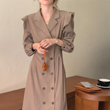 Notched Lapel Double Breasted Trench Dress Elegant Office Lady Ruffle Long Sleeve Midi Dress
