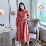 2021 Autumn Ladies Belted Long Dress Elegant Single-breasted Women Long Sleeve Solid Color Dress Office Ladies Vestidos