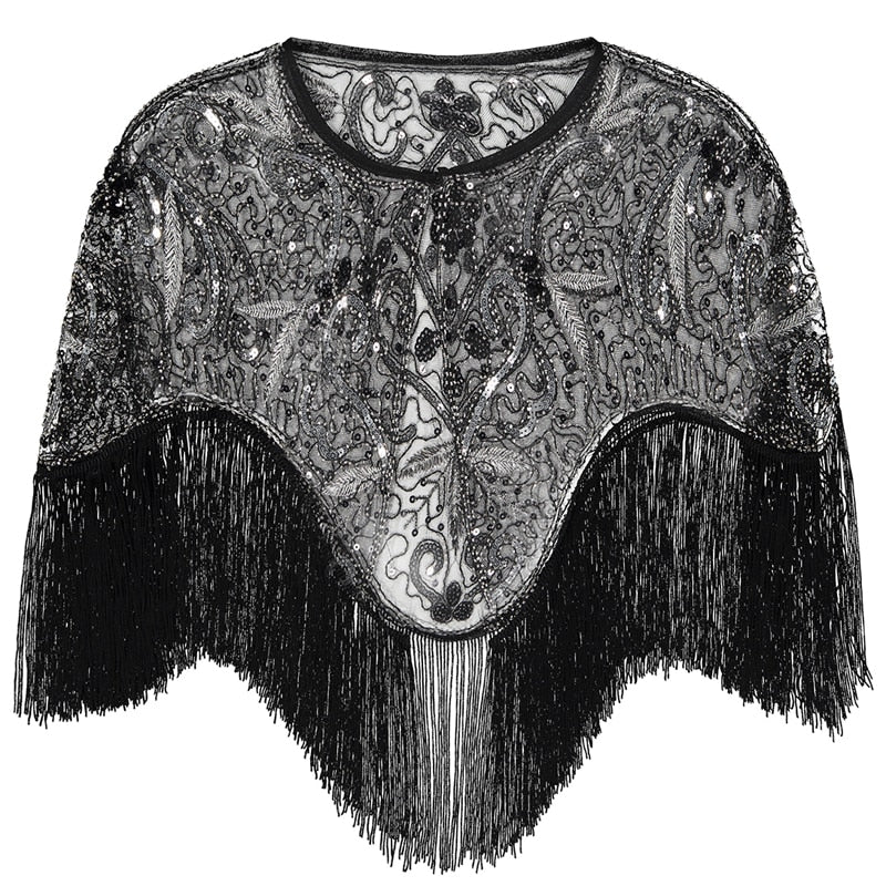 Women 1920s Flapper Embroidery Fringe Shawl Cover Up Gatsby Party Beaded Sequin Cape Vintage Mesh Scraf Wraps for Dresses